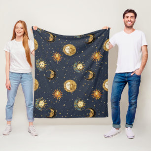 Celestial Sun & Moon Gold Starry Night Pattern (2) Fleece Blanket