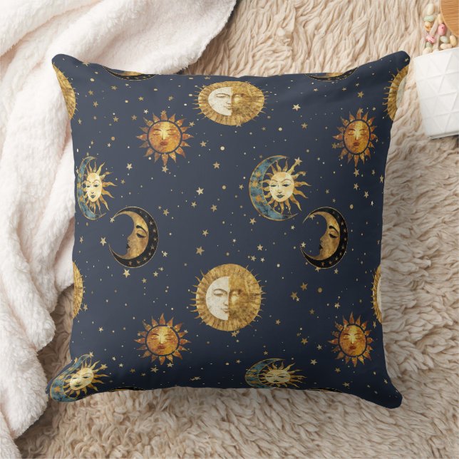 Celestial Sun & Moon Gold Starry Night Pattern (2) Throw Pillow (Blanket)