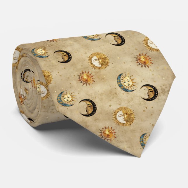 Celestial Sun & Moon Gold Starry Night Pattern (4) Tie (Rolled)