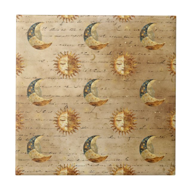 Celestial Sun & Moon Gold Starry Night Pattern (5) Tile (Front)