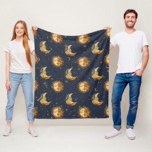 Celestial Sun & Moon Gold Starry Night Pattern Fleece Blanket