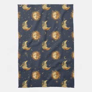 Celestial Sun & Moon Gold Starry Night Pattern Kitchen Towel