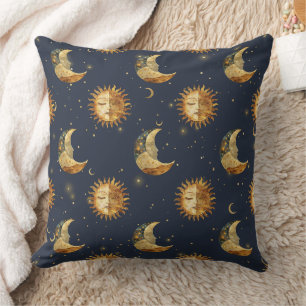 Celestial Sun & Moon Gold Starry Night Pattern Throw Pillow