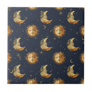 Celestial Sun & Moon Gold Starry Night Pattern Tile