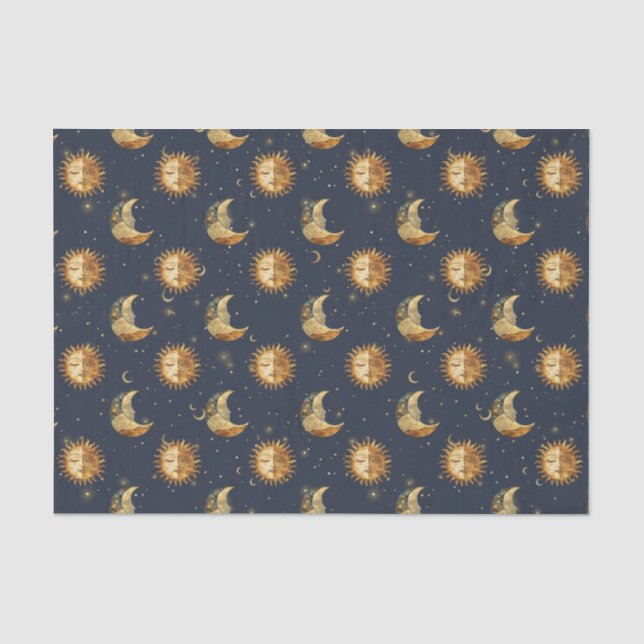 Celestial Sun & Moon Gold Starry Night Pattern Tissue Paper (Front)
