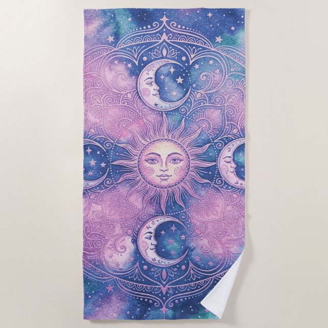 Celestial Sun & Moon Mandala Galaxy Nebula Beach Towel (Front)
