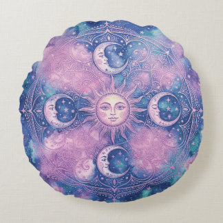 Celestial Sun & Moon Mandala Galaxy Nebula Round Pillow