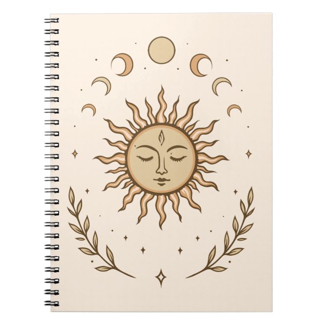Celestial Sun Moon Phases Mystical Botanical Art Notebook (Front)