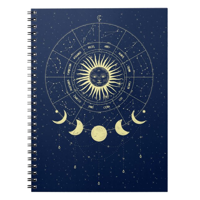 Celestial Sun Moon Phases Zodiac Notebook (Front)