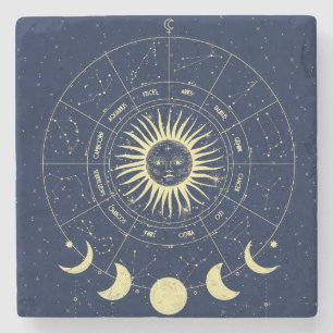 Celestial Sun Moon Phases Zodiac Stone Coaster