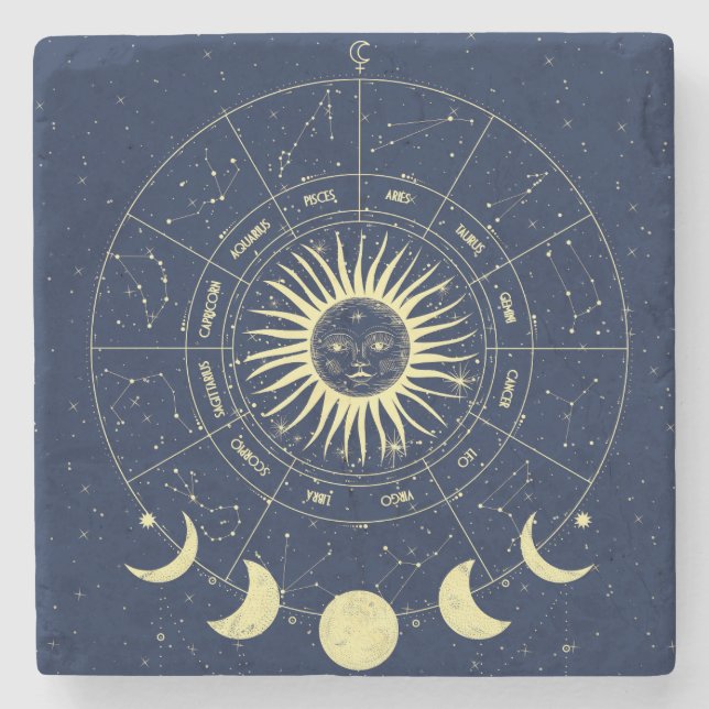 Celestial Sun Moon Phases Zodiac Stone Coaster (Front)