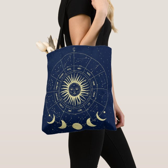 Celestial Sun Moon Phases Zodiac Tote Bag (Close Up)