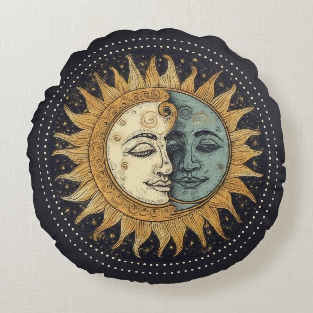 Celestial Sun Moon Round Pillow (Front)