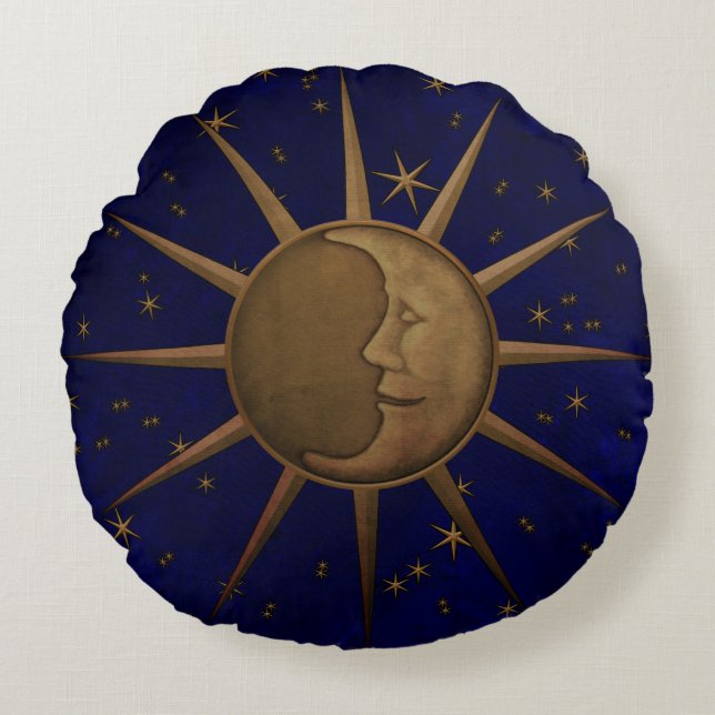 Celestial Sun Moon Starry Night Round Pillow (Front)