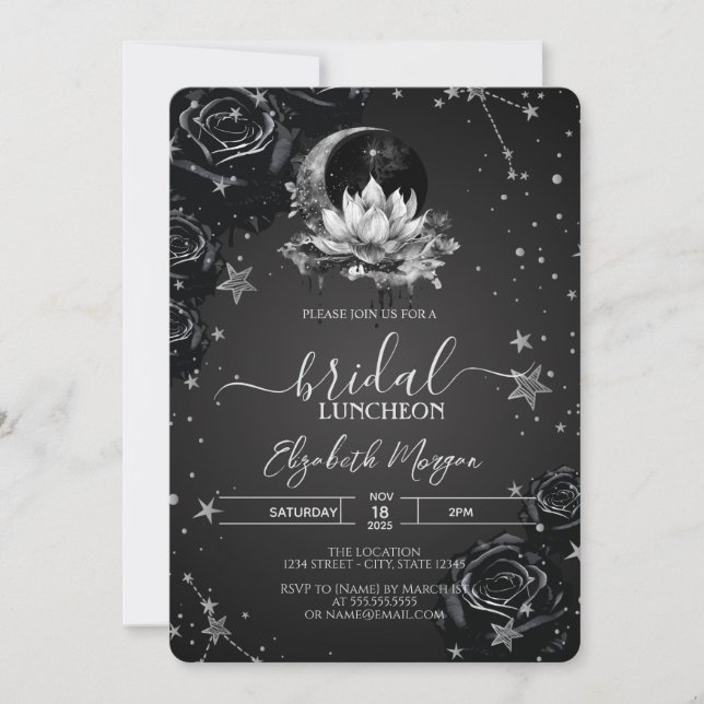 Celestial Sun,Moon,Stars Black Roses Bridal Invitation (Front)