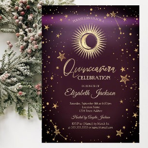 Celestial Sun,Moon,Stars Burgundy Quinceanera Invitation