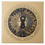 Celestial Sun Moon Stars Midnight Sky Personalized Tile<br><div class="desc">An elegant ancient ethereal sun moon stars tile that can be customized with your own favourite quote or your name. You may use these for home decor backsplash,  as coasters or as a decorative tile. Sand coloured background. You can add your favourite quote or your name.</div>