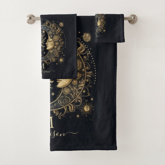 Celestial Sun Moon Stars Monogrammed Bath Towel Set (Insitu)