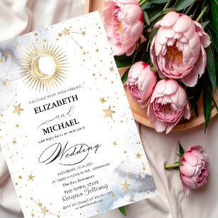 Celestial Sun,Moon,Stars Script Invitation