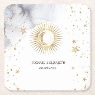 Celestial Sun,Moon,Stars Square Paper Coaster