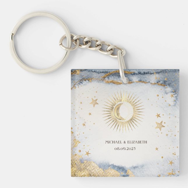 Celestial Sun,Moon,Stars Watercolor Keychain (Front)