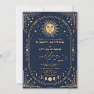 Celestial Sun Moon Wedding Invitation Gold Navy