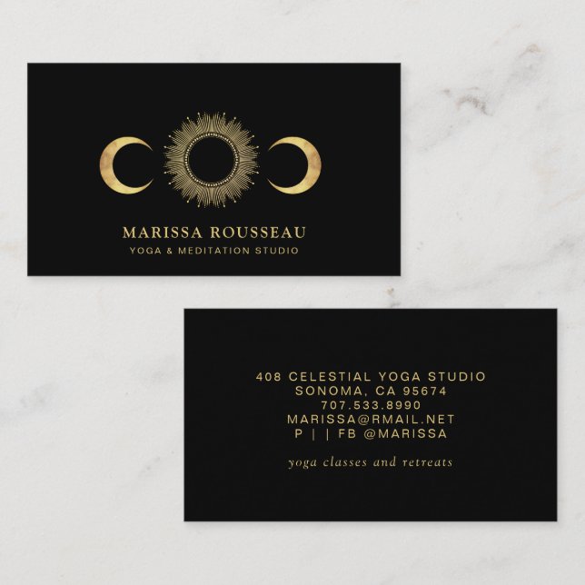 Celestial Sun Moon Yoga Instructor Black Business Card (Front/Back)