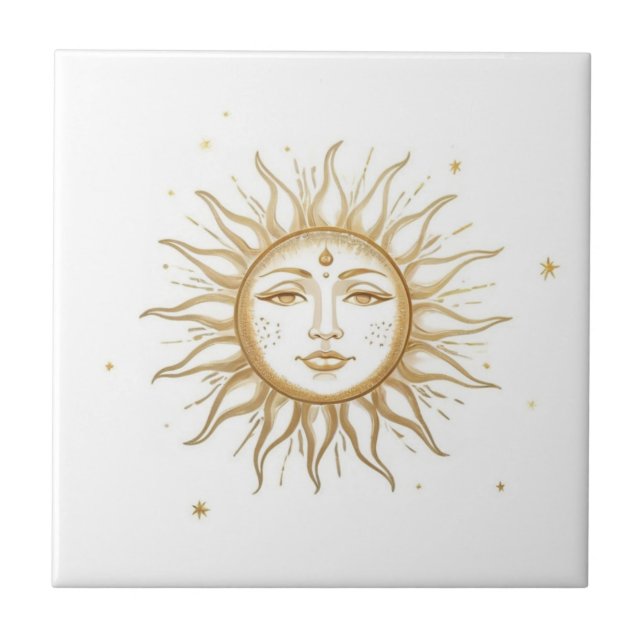 Celestial Sun with Face Gold and White Tile (Front)