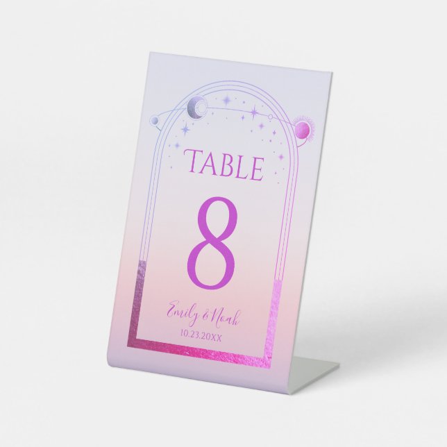 Celestial Sunset Pink Wedding Table Number Pedestal Sign (Front)
