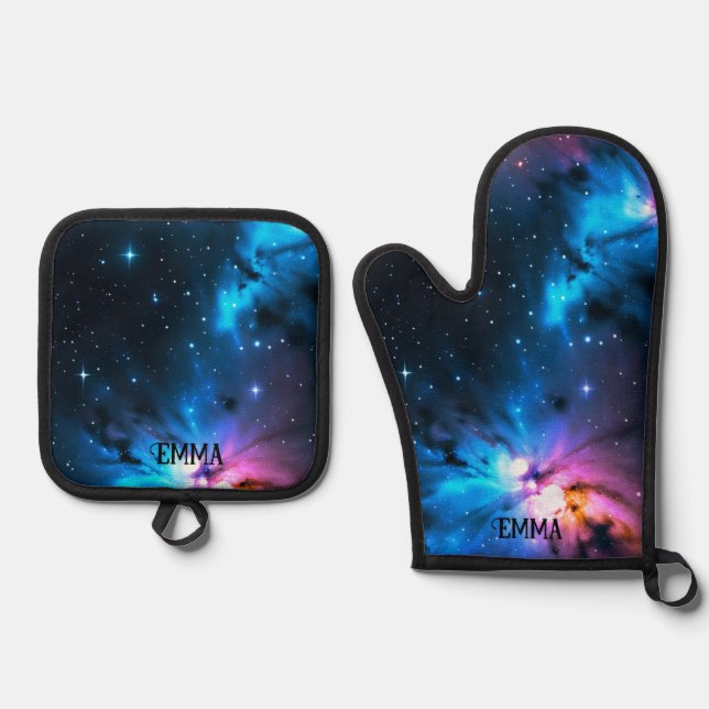 Celestial Swirls of Stars Custom Name Oven Mitt & Pot Holder Set (Front)