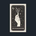 Celestial Tarot Hairdresser Black Business card<br><div class="desc">This business card features a tarot card style design in a black and cream colour palette. The illustration shows a hand holding hairdressing scissors surrounded by twinkling stars. This would be perfect for any hairdresser or stylist who prefers an alternative style business card and wants to make their business card...</div>