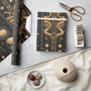 Celestial Tarot Moon Phases with Golden Snakes Wrapping Paper