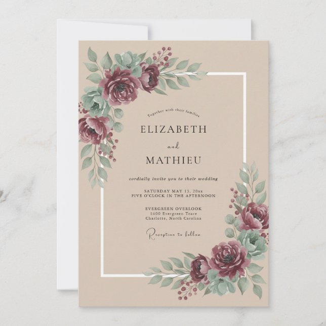 Celestial Taupe Plum Peony Wedding Invitation (Front)