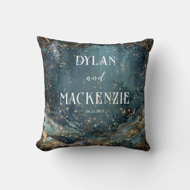 Celestial Teal Gold Starry Night Marbled Wave Throw Pillow (Front)