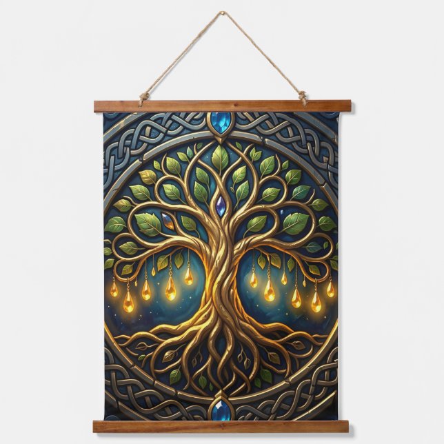 Celestial Tree of Light Celtic Golden Tree of Life Hanging Tapestry (Front)