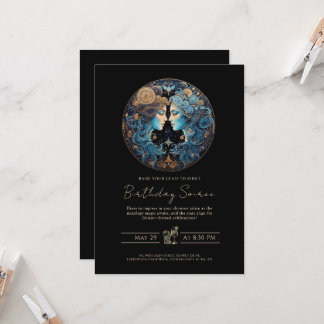 Celestial Twins Zodiac Symbol Black Gold Gemini Invitation