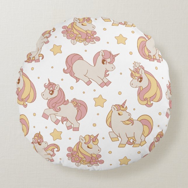 Celestial Unicorns & Stars Pattern Round Pillow (Front)