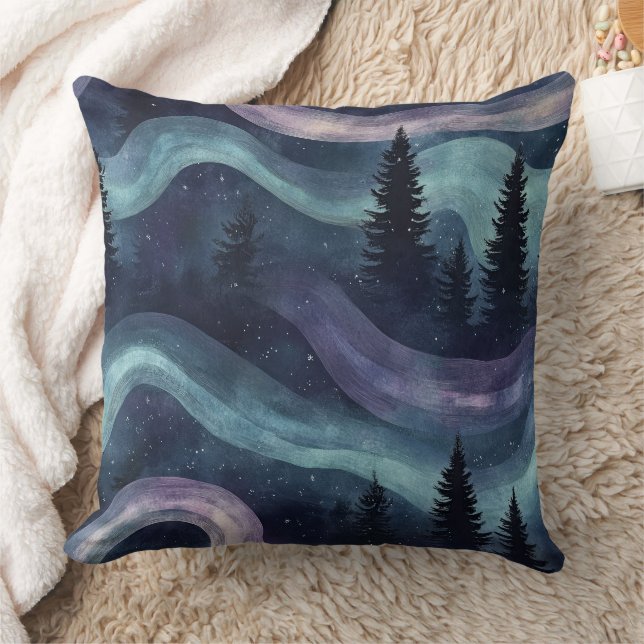 Celestial Veil: Aurora Waves in the Night Sky (1) Throw Pillow (Blanket)