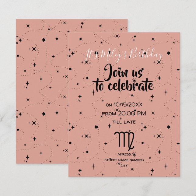 celestial virgo rose black stars birthday invite  (Front/Back)