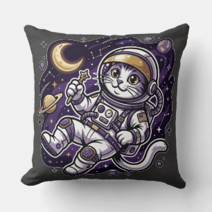 Celestial Voyager: Purple Astronaut Cat Space Masc Throw Pillow
