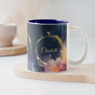 Celestial Waters Midnight Blue Galaxy Sky Planets Two-Tone Coffee Mug