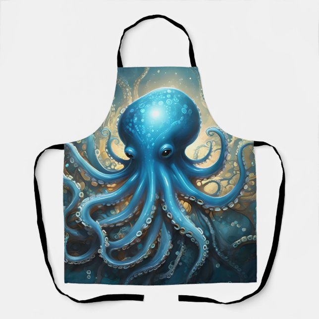 Celestial Waves: The Blue Octopus Fractal Art Apron (Front)