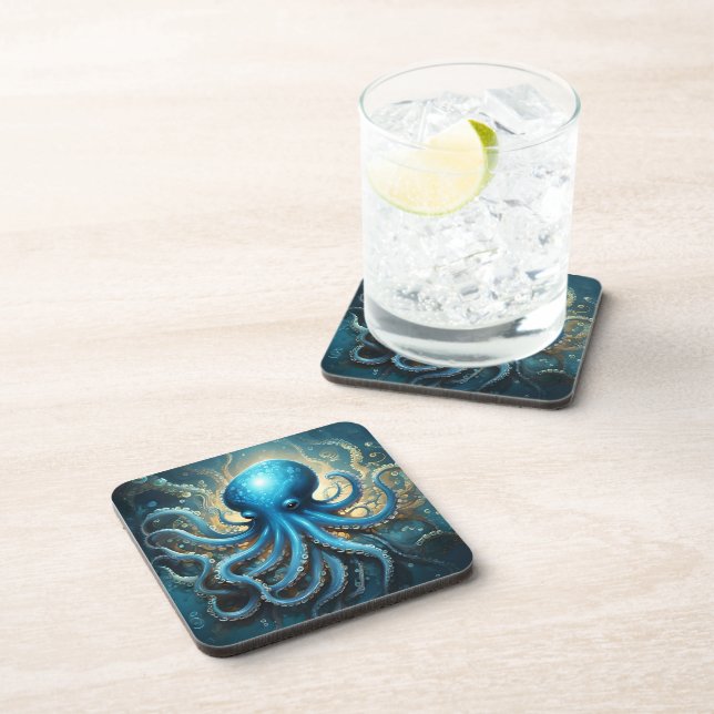 Celestial Waves: The Blue Octopus Fractal Art Coaster (Right Side)