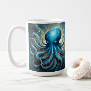 Celestial Waves: The Blue Octopus Fractal Art Coffee Mug
