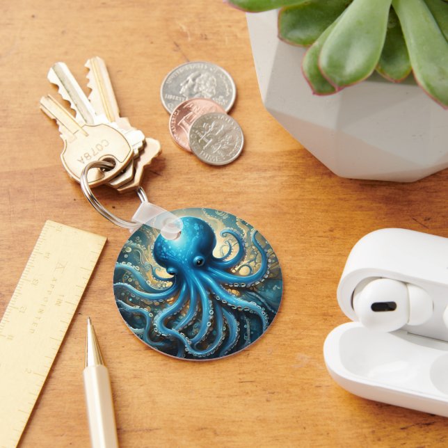 Celestial Waves: The Blue Octopus Fractal Art Keychain (Desk)