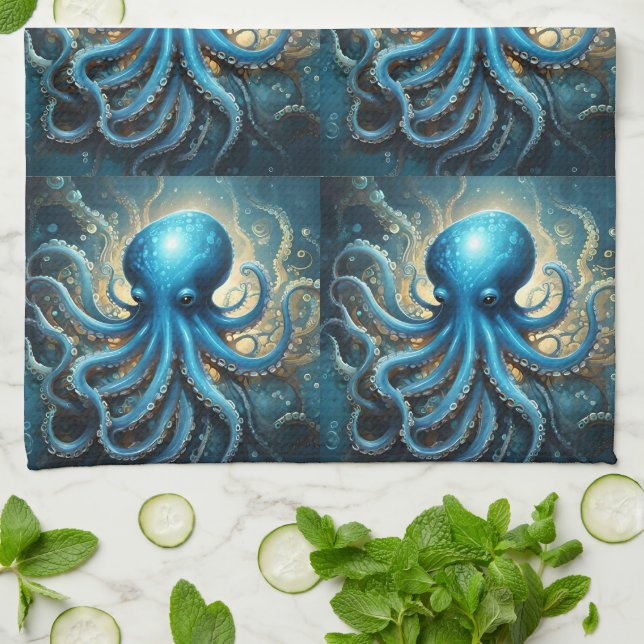 Celestial Waves: The Blue Octopus Fractal Art Kitchen Towel (Folded)