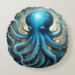 Celestial Waves: The Blue Octopus Fractal Art Round Pillow