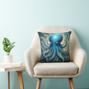 Celestial Waves: The Blue Octopus Fractal Art Throw Pillow
