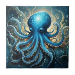 Celestial Waves: The Blue Octopus Fractal Art Tile