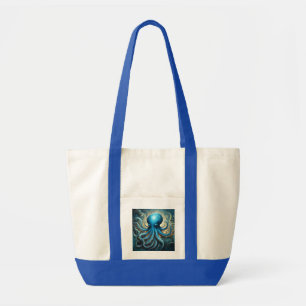 Celestial Waves: The Blue Octopus Fractal Art Tote Bag